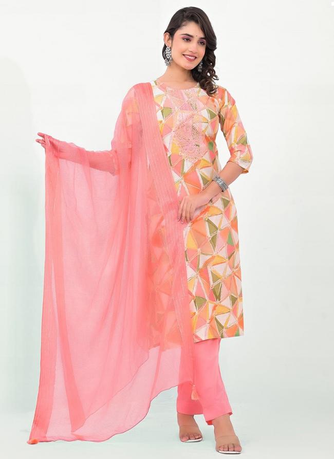 Modal Peach Party Wear Printed Readymade Kurti With Pant And Dupatta